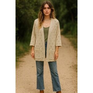 Ms Maggie Cream Crochet Knit Open Front Cardigan Sweater Cottage Cozy Pockets M